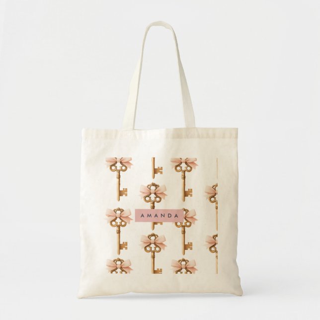 Personalized Coquette Pattern Gold Key & Pink Bow  Tote Bag (Front)