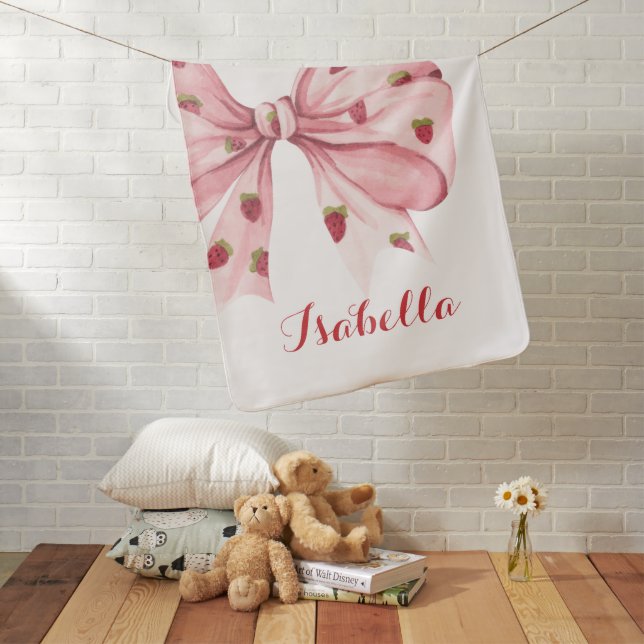 Personalized Coquette Pink Bow & Strawberry  Baby Blanket (In Situ)