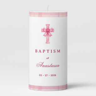 Personalized Coquette Pink Plaid Bow Cross Baptism Pillar Candle