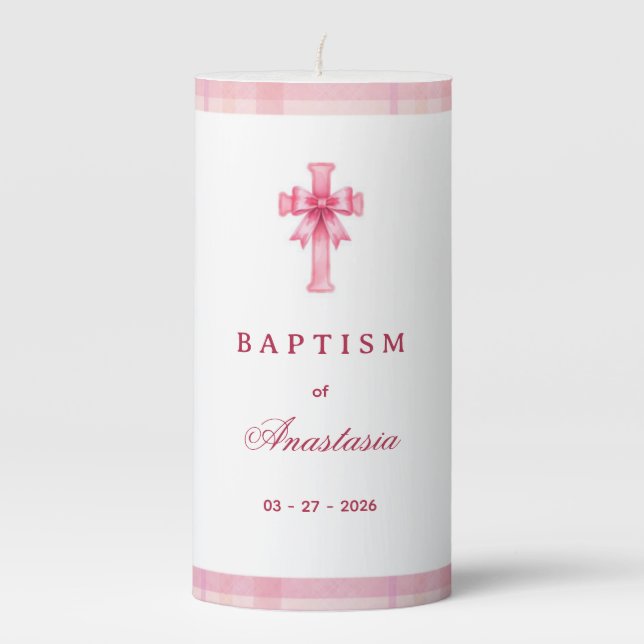 Personalized Coquette Pink Plaid Bow Cross Baptism Pillar Candle (Front)