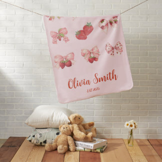 Personalized Coquette Strawberry & Bow Baby Blanket