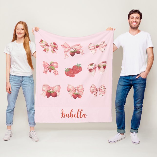 Personalized Coquette Strawberry & Bow  Fleece Bla Blanket (In Situ)