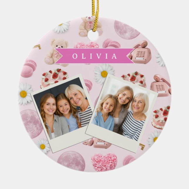 Personalized Coquette Teddy Bear Pink Aesthetic Ceramic Ornament (Front)