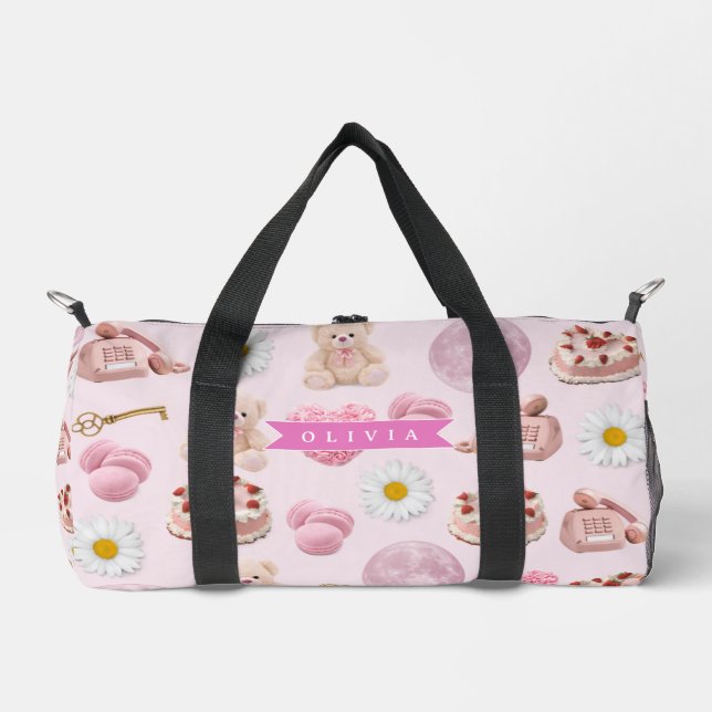 Personalized Coquette Teddy Bear Pink Aesthetic Duffle Bag (Front)