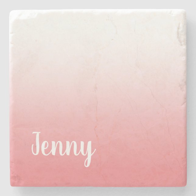 Personalized Coral and White Ombre Stone Coaster (Front)