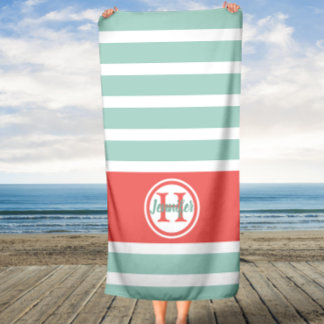 Personalized Coral Monogram Mint Stripes Beach Towel