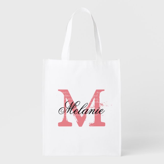 Personalized coral monogram reusable grocery bag (Front)