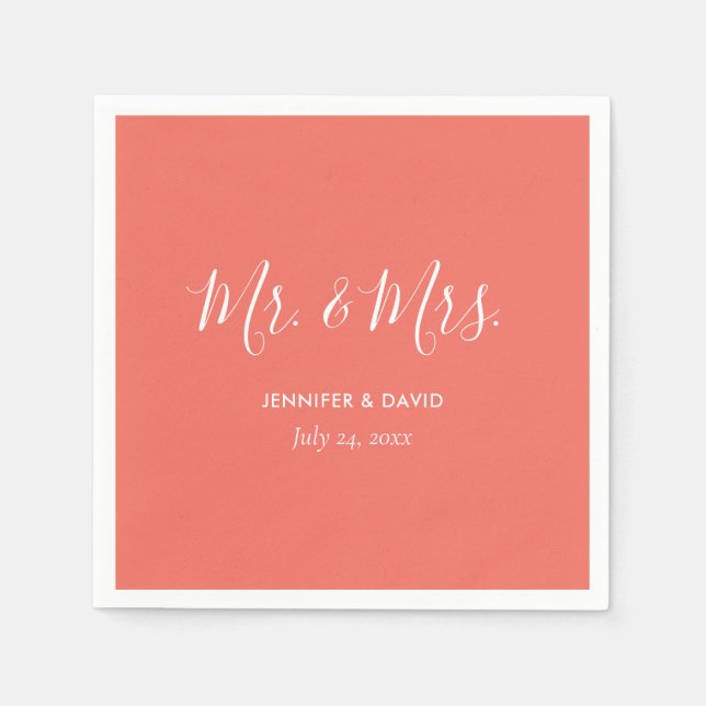 Personalized Coral Mr. and Mrs. Wedding Napkins (Front)