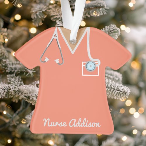 Personalized Coral Nurse Scrubs Ornament