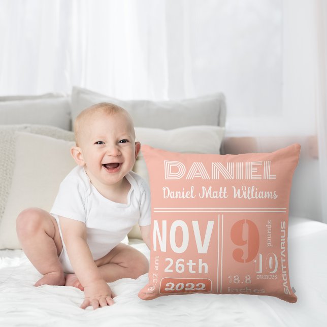 Personalized Coral Orange Birth Announcement  Throw Pillow (Creator Uploaded)