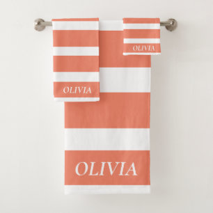Personalized Coral Peach Elegant Feminine  Bath Towel Set