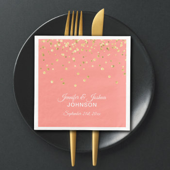 Personalized Coral Peach Gold Confetti Wedding Paper Napkins by UniqueWeddingShop at Zazzle
