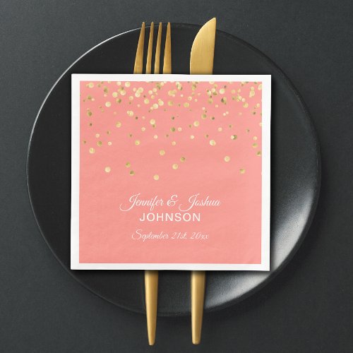 Personalized CORAL Peach Gold Confetti Wedding Paper Napkins