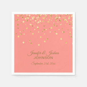 Personalized CORAL Peach Gold Confetti Wedding Paper Napkins