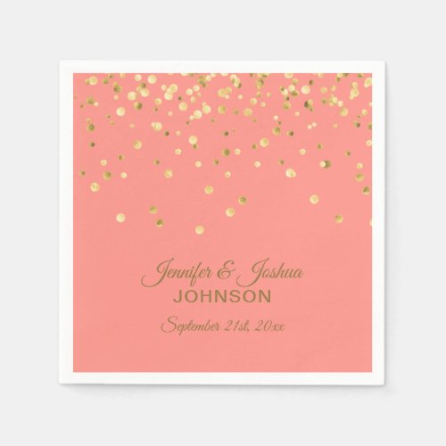 Personalized CORAL Peach Gold Confetti Wedding Paper Napkins