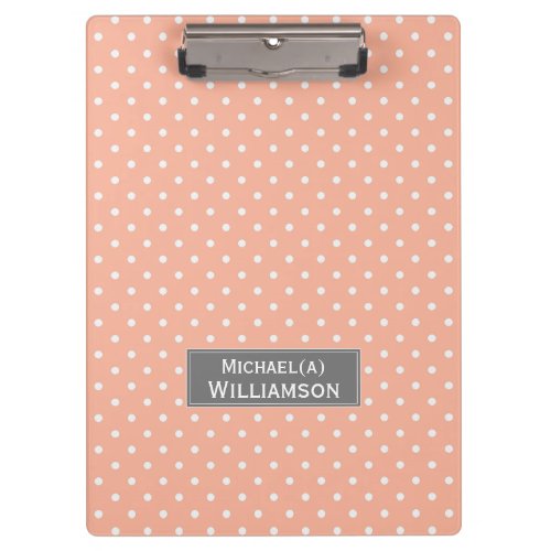 Personalized Coral Peach  White Polka Dot Pattern Clipboard