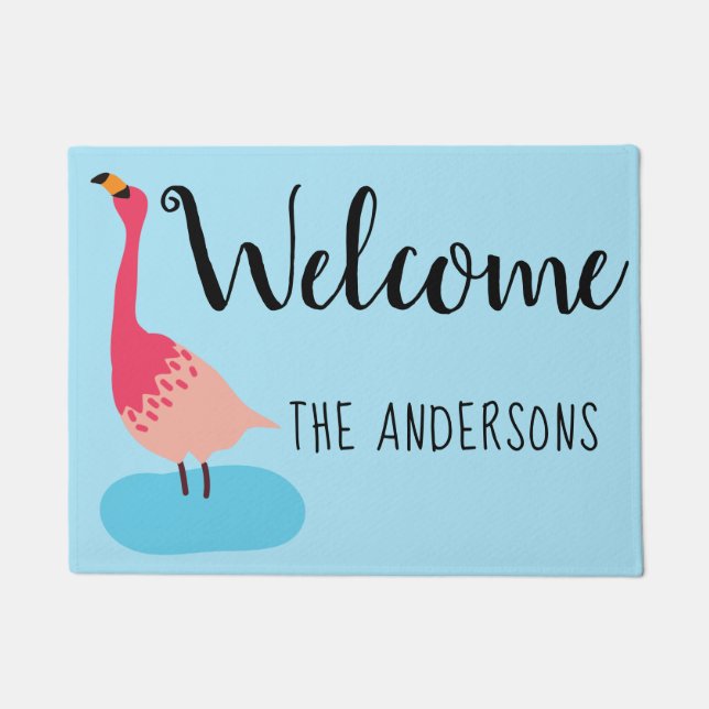 Personalized Coral Pink Flamingo Welcome Mat (Front)