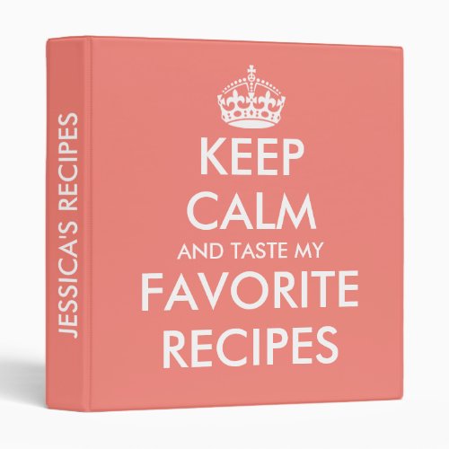 Personalized coral pink keep calm recipe binder