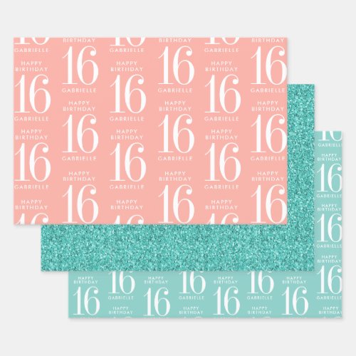 Personalized Coral Pink Turquoise Glitter Sweet 16 Wrapping Paper Sheets
