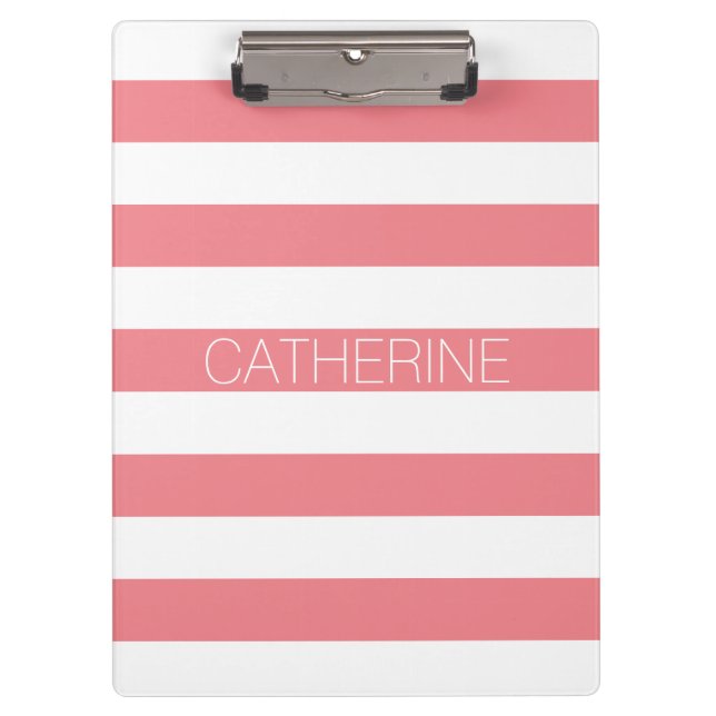 Personalized coral pink & white bold stripe modern clipboard (Front)