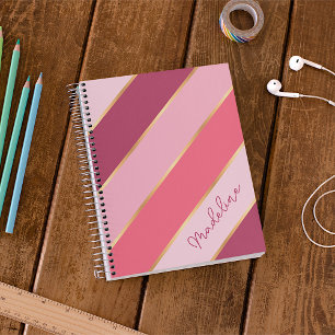 Personalized Coral Red Mauve Pink Gold Stripe Notebook