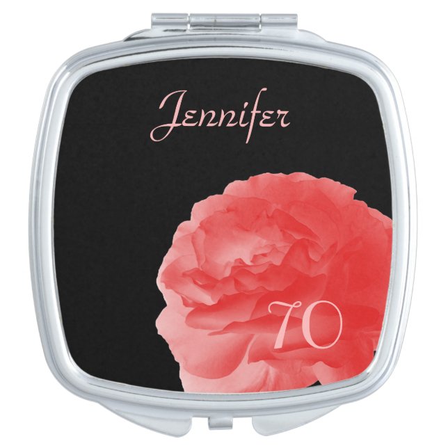Personalized Coral Rose 70th Birthday Compact Compact Mirror (Front)