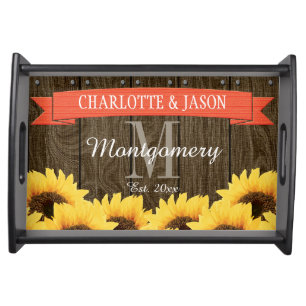 PERSONALIZED CORAL RUSTIC SUNFLOWER WEDDING SERVING TRAY