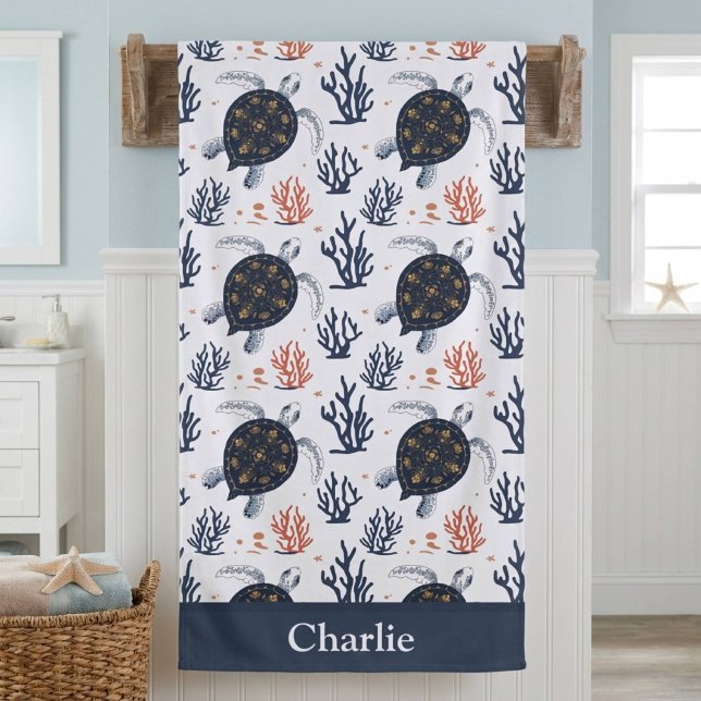 Personalized Coral Sea Turtle Bath Towel (Creator Uploaded)