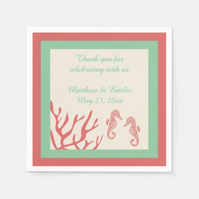 Personalized Coral Seahorse Wedding Napkins (Front)