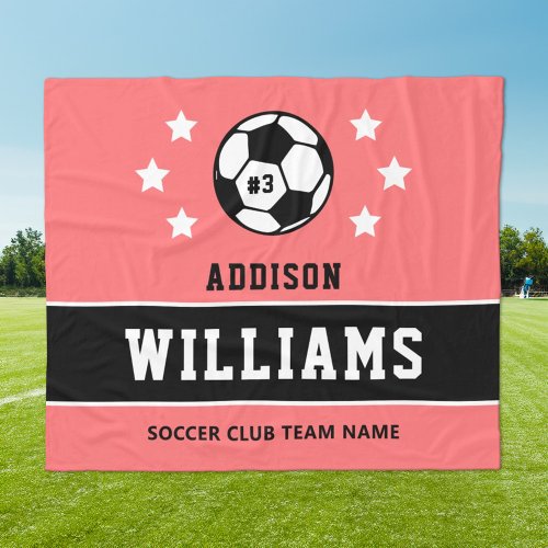 Personalized Coral Soccer Player Name Fleece Blanket