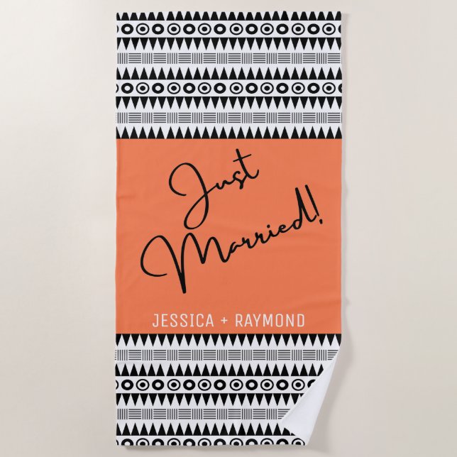 Personalized Coral Tribal Pattern Just Married Beach Towel (Front)