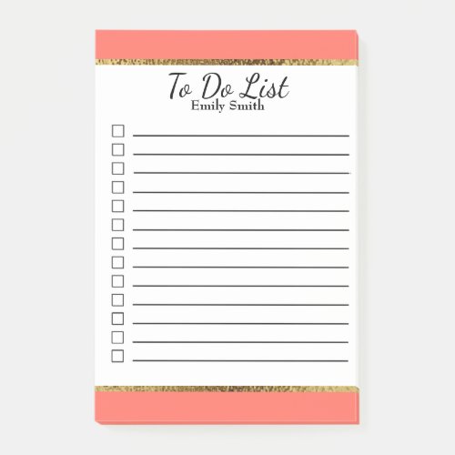 Personalized Coral White Gold Lined To Do List Post_it Notes