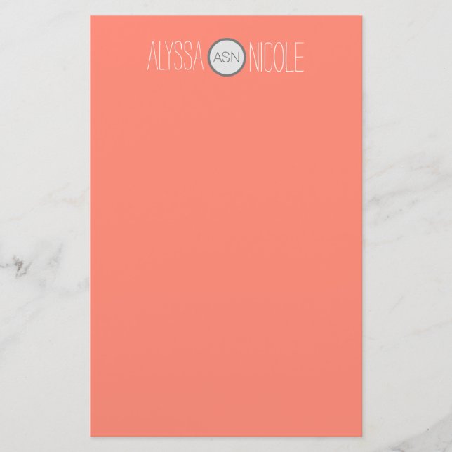 Personalized Coral White Name Monogram Stationery (Front)