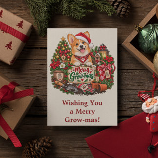 Personalized Corgi Christmas Card, Gardening Lover Holiday Card