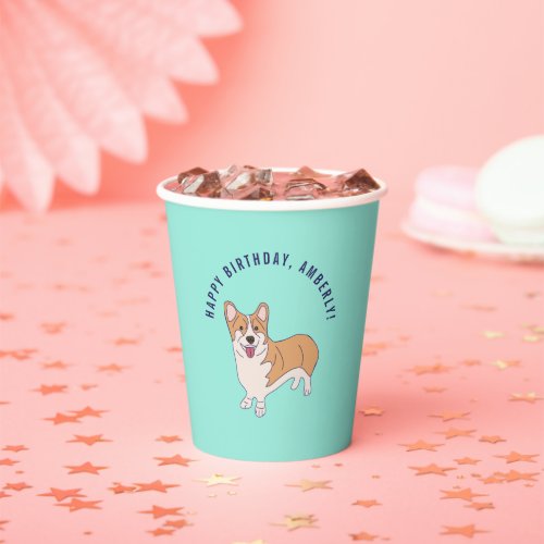 Personalized Corgi Dog Mint Green Birthday Party P Paper Cups