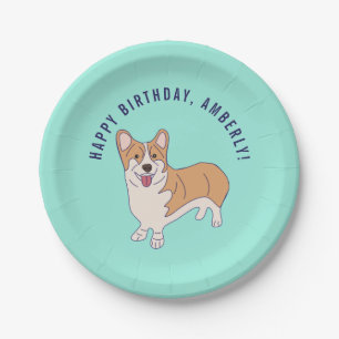 Personalized Corgi Dog Mint Green Birthday Party Paper Plates