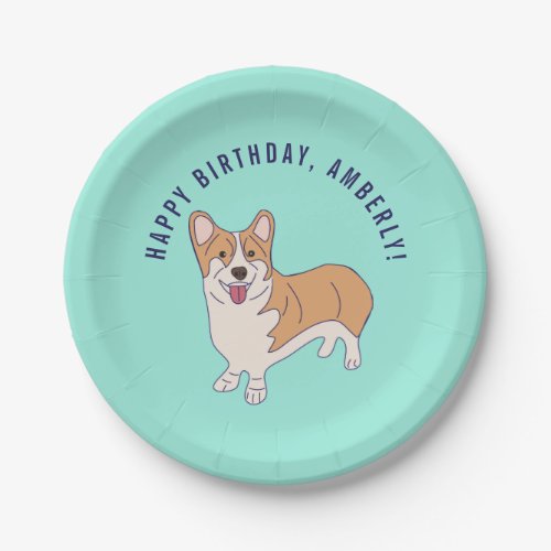 Personalized Corgi Dog Mint Green Birthday Party Paper Plates