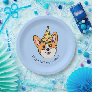 Personalized Corgi Theme Boy's Birthday Paper Plates