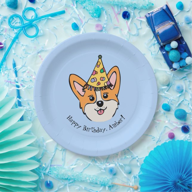 Personalized Corgi Theme Boy's Birthday Paper Plates (Party)