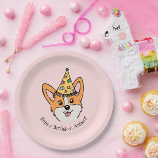 Personalized Corgi Theme Girl's Birthday Paper Plates