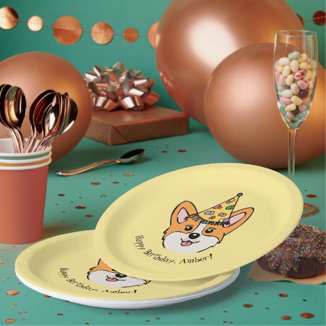 Personalized Corgi Theme Kid's Birthday Paper Plates (Multi)
