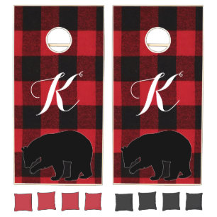 Personalized Corn Hole Game Red Buffalo Plaid Bear