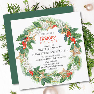 Personalized Corporate Christmas Holly Wreath Invitation