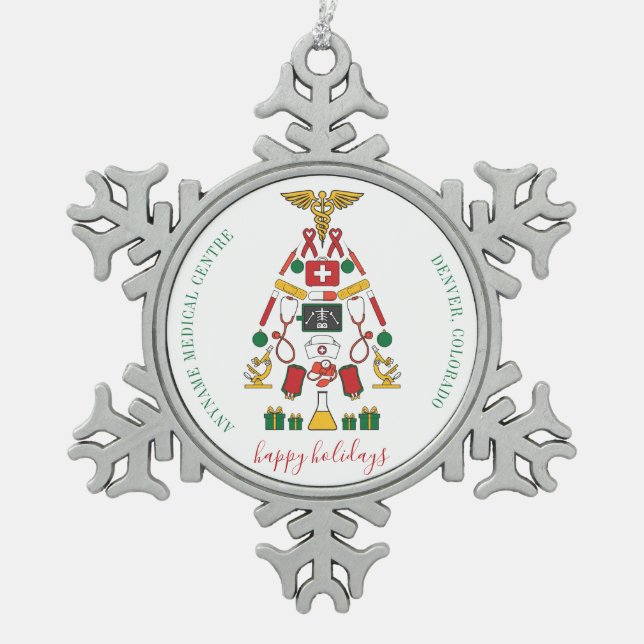 Personalized Corporate Medical Centre Snowflake Pewter Christmas Ornament (Front)