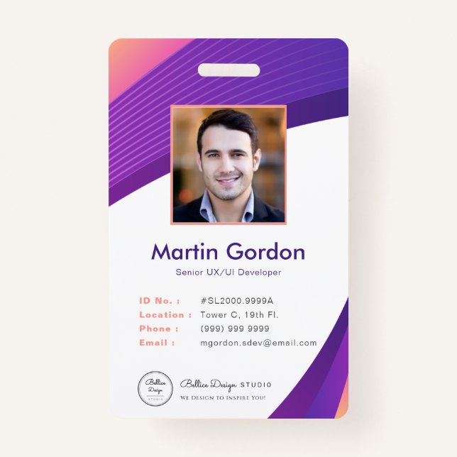 Personalized Corporate Modern Violet Employee ID Badge (Front)
