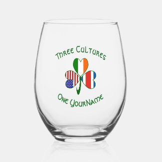 Personalized Costa Rican Irish American Shamrock Stemless Wine Glass