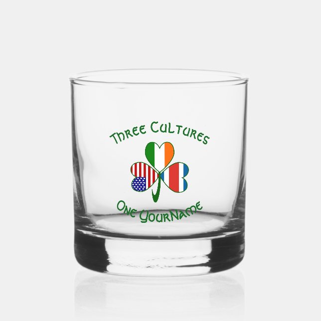 Personalized Costa Rican Irish American Shamrock Whiskey Glass (Front)