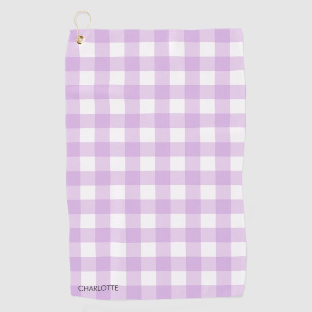 Personalized Cottage Lavender Lilac Gingham Plaid Golf Towel (Front)