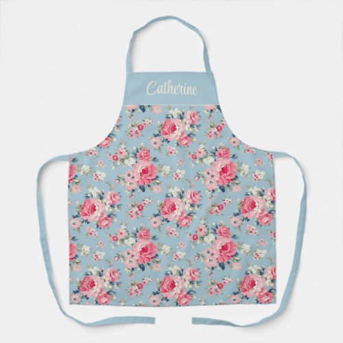 Personalized Cottage Pink Roses on Blue Background Apron