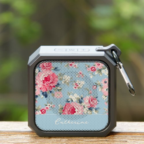 Personalized Cottage Pink Roses on Blue Background Bluetooth Speaker